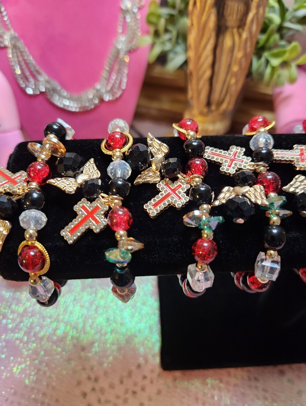 Gold Cross & Beaded Stretch Bracelet - Red and Black Sold As Each
